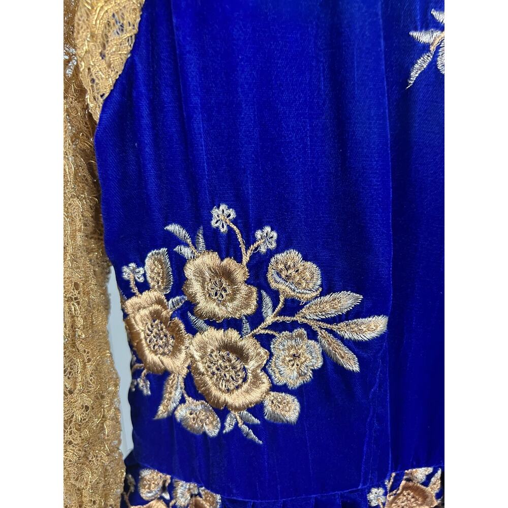 Handmade Embroidered Velvet Dress Folk Fairycore Whimsigoth Blue Gold Girls L - Picture 5 of 8